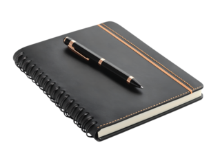 Luxury leather notebook and pen on black background.