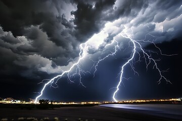 Naklejka premium A breathtaking photo of multiple lightning bolts illuminating the sky in a dramatic storm.