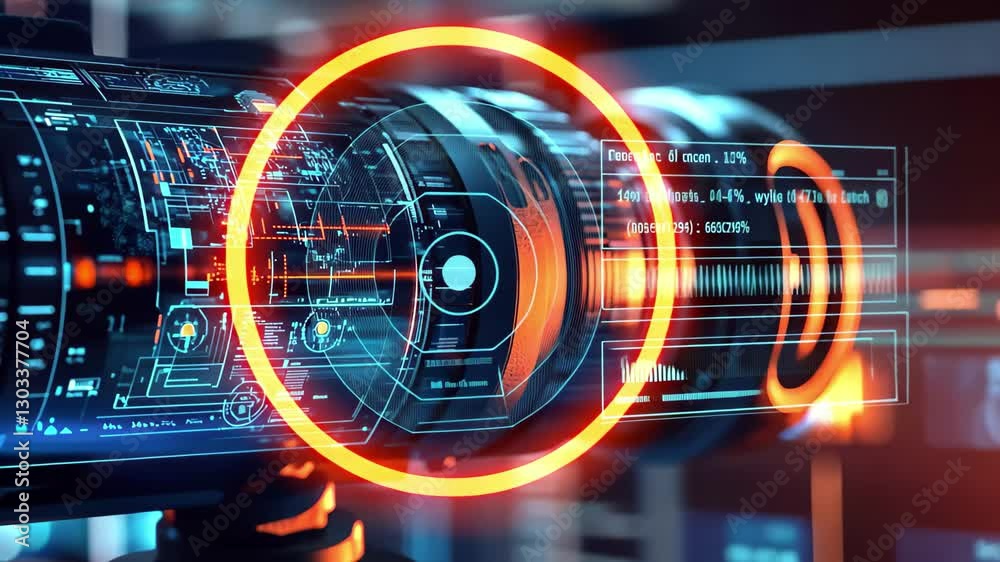 Poster media icons displayed on a futuristic scope with a digital interface depicting advanced technology, 