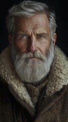 Elderly man with silver beard wearing winter shearling coat in moody light