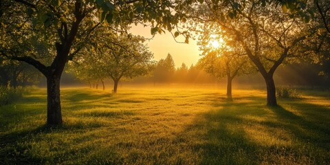 sunrise over an orchard, casting long shadows and illuminating the dew-covered grass in front of it. The trees stand tall against the golden sky, their leaves glistening with morning light