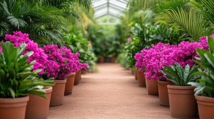 Fototapeta premium Bougainvillea Flowers in Pots Lining Garden Path Inside Greenhouse with Natural Light Ambience