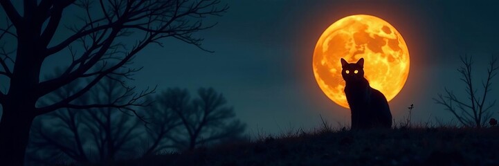 Spooky black cat silhouette with glowing eyes sitting on full moon on Halloween night, cat, silhouette