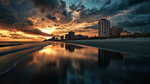 Myrtle Beach skyline at sunset reflects on water, showcasing cityscape and natural beauty, Myrtle Beach, South Carolina, USA city skyline