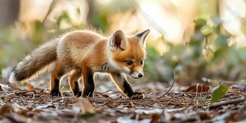 Fototapeta premium Tiny red fox kit exploring the forest for the first time