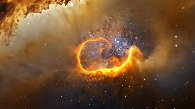 Exploring a vibrant galaxy with swirling clouds and shining stars in the vast universe, Dramatic space view moving through universe galaxies stars and nebulae