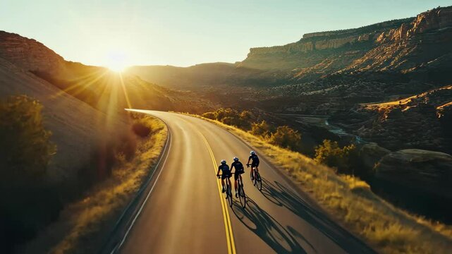Dramatic drone view captures bicyclists traversing canyon road at sunset, Beautiful drone shot following bicyclists on canyon road early in morning