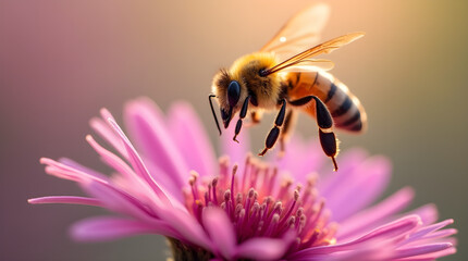 Close-Up Honeybee on Pink Flower - Macro Image of Bee Pollinating Flower in Springtime