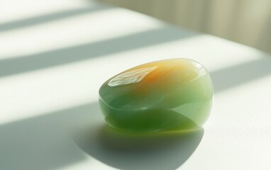 Beautifully polished green stone with orange hues illuminated by natural light on a white surface