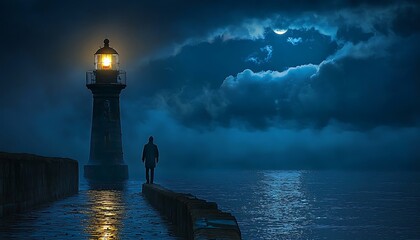 Lonesome figure, stormy night, lighthouse