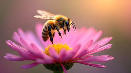 Stunning Detailed Close-up Macro Photo of Honey Bee on Pink Daisy Flower with Soft Bokeh Sunlight - Vibrant Nature Photography Art