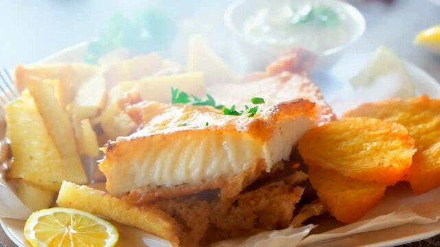 Fish and chips and french fries with lemon and sauce on a wooden table
