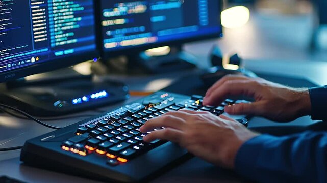 Software developer typing on a glowing keyboard in a contemporary office setting.