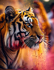 Obraz premium Holi Festival of Colours Animal Concept, Holi festival tiger, colourful powder explosion, Holi festival flowers, cinematic lighting, Indian Hinduism festival, vibrant Holi festive colours