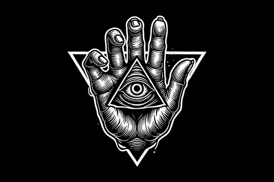 Dark art illuminati eye on hand black and white illustration