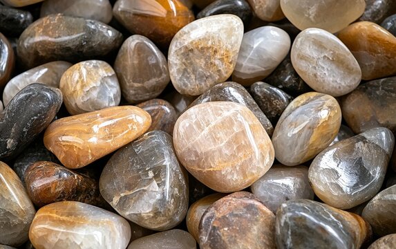 Beautiful assortment of polished stones in various colors and shapes, displayed for sale at a local market
