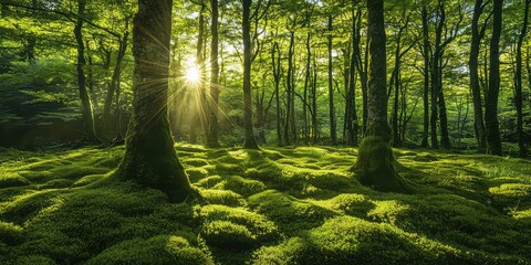 Obraz premium Verdant trees and mossy floor illuminated by streams of golden sunlight