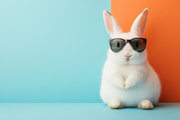 Obraz premium Cute white Easter bunny wearing sunglasses on colorful background. AI generated image