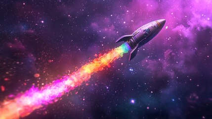 Fototapeta premium Futuristic toy rocket soaring through a vibrant cosmic landscape filled with colorful trails