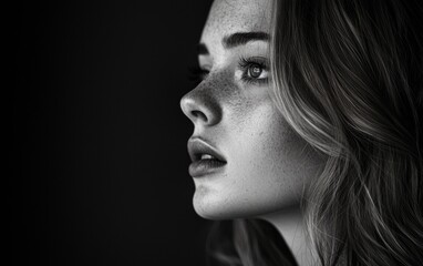 Fototapeta premium Profile of a young woman with freckles and flowing hair captured in stunning monochrome against a dark background