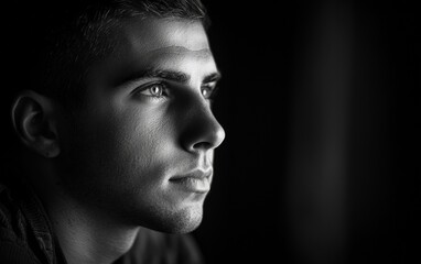 Young man gazing thoughtfully in a dimly lit room during early evening hours