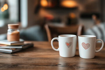 Obraz premium Cute mugs with heart patterns on a wooden table in a cozy cafe setting