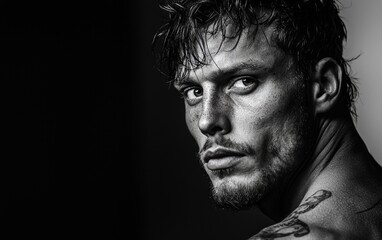 Fototapeta premium Intense close-up portrait of a tattooed man with water droplets capturing strong emotions in dramatic black and white