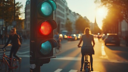 Cyclists at Crosswalk with Traffic Light in City