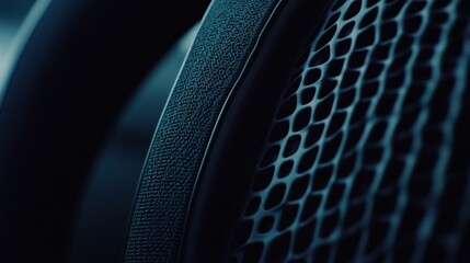 Close-up of a textured, perforated, dark-blue material, possibly part of a car seat or headphone design. The image highlights the intricate detail and contrast of the surface.