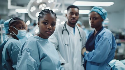 AfricanAmerican Surgeon Couple Confidently Lead Medical Team in Operating Room Diagnosis