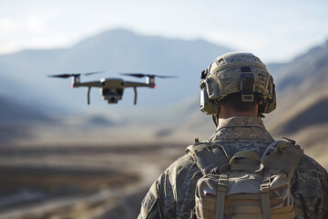 Soldier operating a military drone in a forest during a mission
