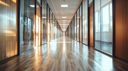 Modern office corridor design corporate building architecture bright environment wide angle perspective