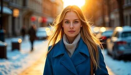 Obraz premium Portrait of a 23-year-old white woman in a blue coat, set against a city street during sunset