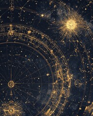 Explore the enchanting celestial map featuring golden zodiac symbols and constellations against a starry backdrop