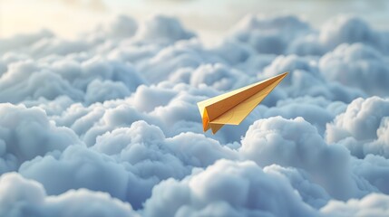 Origami Paper Plane Soaring Above Silver Clouds Conveying Transformative Vision and