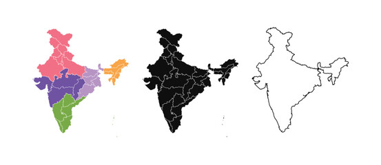 Maps of India with Regions | Colored India Map Isolated on White