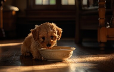 Cute puppy enjoying a meal in a cozy room with warm lighting during the afternoon