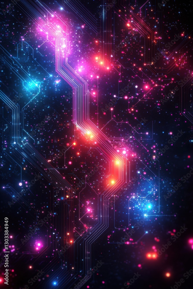 Wall mural abstract colorful circuit board with glowing technology elements for digital themes