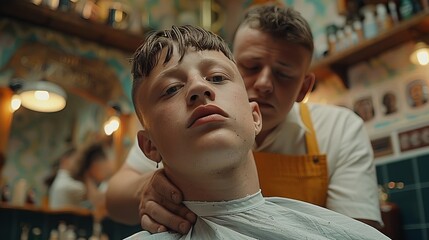 Young man enjoying a trendy haircut at a classic barber shop with a unique artistic touch