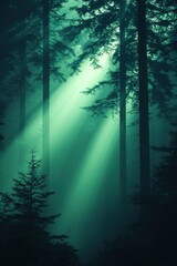 Obraz premium Sun rays through fog in a forest with spruce, for meditation, nature background