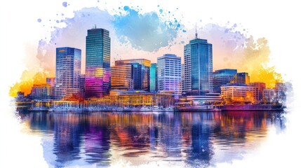 Obraz premium Vibrant Cityscape at Sunset: A Watercolor Impression of Waterfront