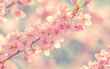 Spring blossoms adorn tree branches in a dreamy garden setting under soft sunlight