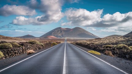 Asphalt Road to Volcanic Mountains under Blue Sky