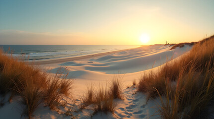 Peaceful Golden Sunset Over Sand Dunes on a Tranquil Beach - Coastal Landscape Photography Scene View Image Photo Art Print