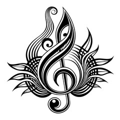 Intricate Treble Clef Tattoo &ndash; Artistic Music-Themed Design, Elegant Treble Clef Tattoo &ndash; Flowing Musical Design, Music Notes & Staff Tattoo &ndash; Artistic and Intricate Ink,   Creative Music Tattoo





