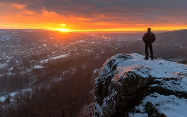 Fototapeta premium Man standing on rocky cliff overlooking snowy valley at sunset near village in winter season