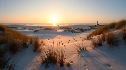 Golden Hour Beach Sunset Sand Dunes Lighthouse Coastal Photo