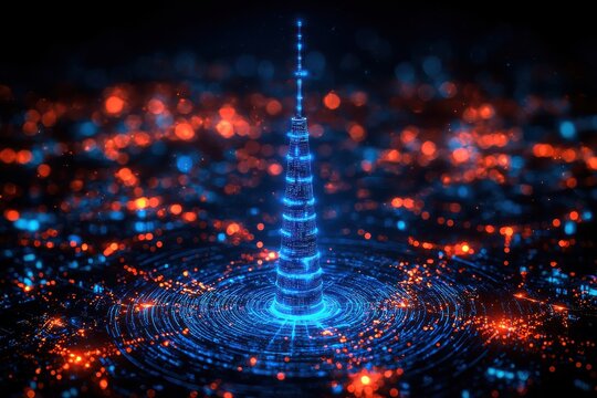 Digital radio tower with glowing blue waves in a star-filled night