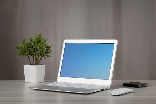 Modern workspace featuring a laptop and plant on a clean desk