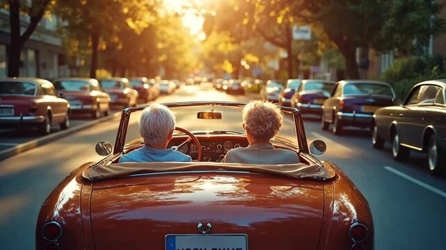 Senior couple driving convertible classic car on city street at sunset. Possible use Stock photo for tourism, travel, retirement, or classic car enthusiasts